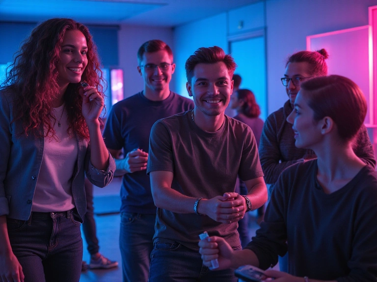 A diverse group of gamers collaborating and celebrating a victory together, showing camaraderie and teamwork. They are smiling and high-fiving, with gaming equipment subtly in the background, emphasizing the community aspect of gaming.