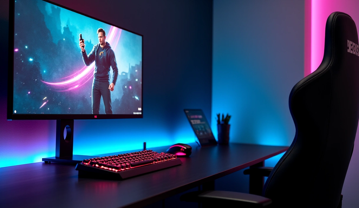 A sleek, modern gaming setup featuring a high-resolution monitor displaying an esports game, illuminated mechanical keyboard, precision gaming mouse, and a comfortable gaming chair. The scene is well-lit with RGB lighting accents, creating an immersive and high-tech atmosphere, symbolizing quality and performance.