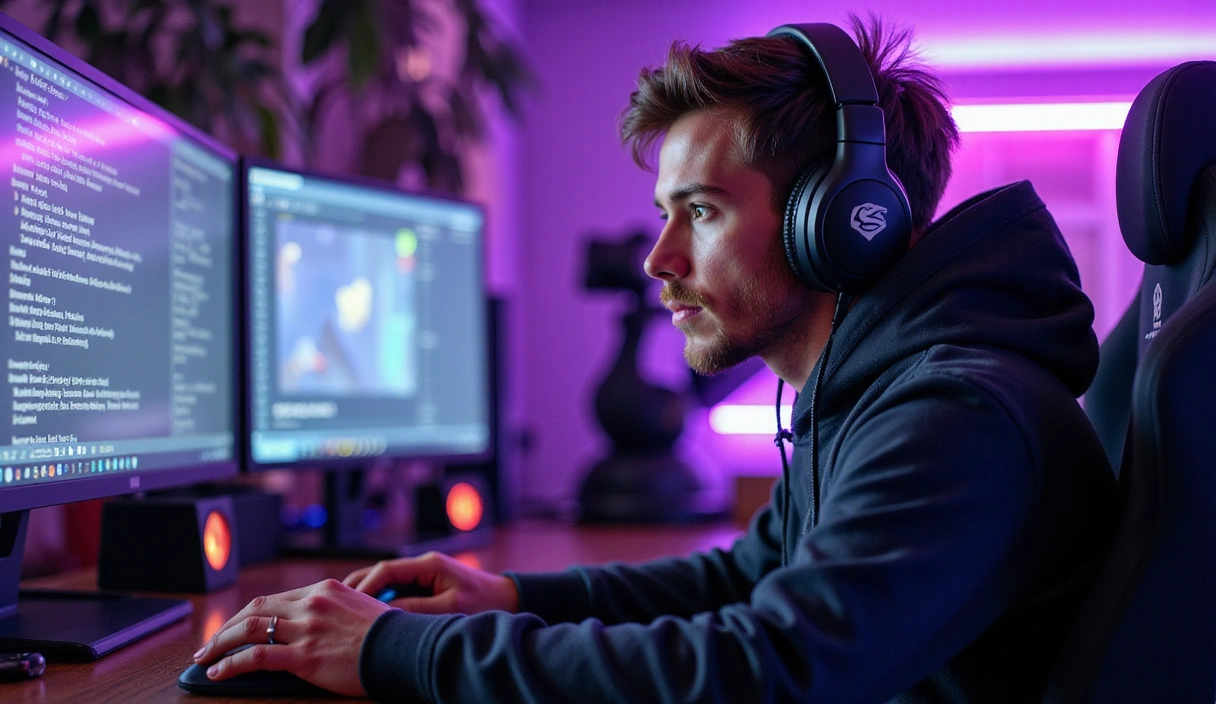 A vibrant image of a gamer intensely focused during a competitive match, surrounded by high-performance gaming gear like a mechanical keyboard, ergonomic mouse, and a high-refresh-rate monitor, with dynamic lighting effects. The gamer's face shows concentration and determination. The overall scene is energetic and modern.
