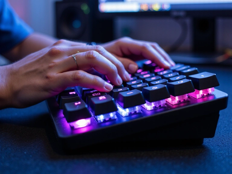 A close-up shot of a gamer's hands on a highly customized mechanical keyboard with vibrant RGB lighting, ready for action. The background is slightly blurred to emphasize the keyboard and hands, conveying readiness and high-performance gaming.
