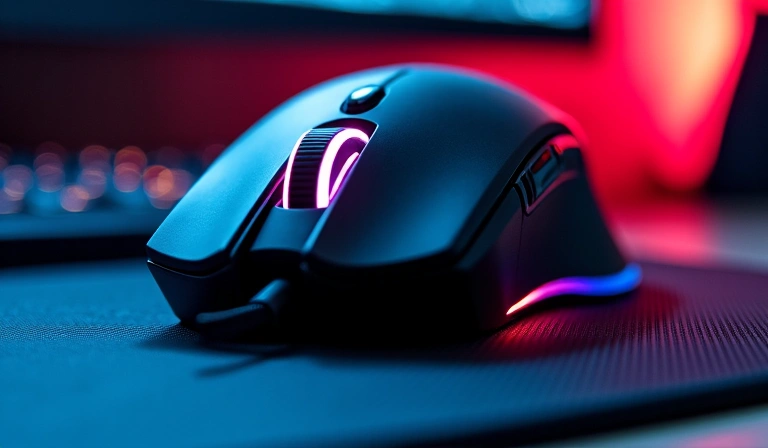 Close-up of a high-precision gaming mouse on a mousepad, with LED lighting, no text, no letters.