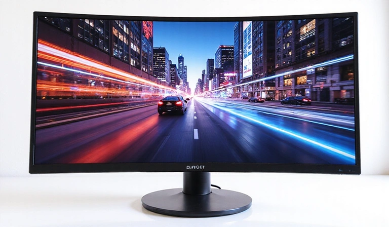 Sleek, ultrawide gaming monitor displaying a fast-paced game scene, no text, no letters.