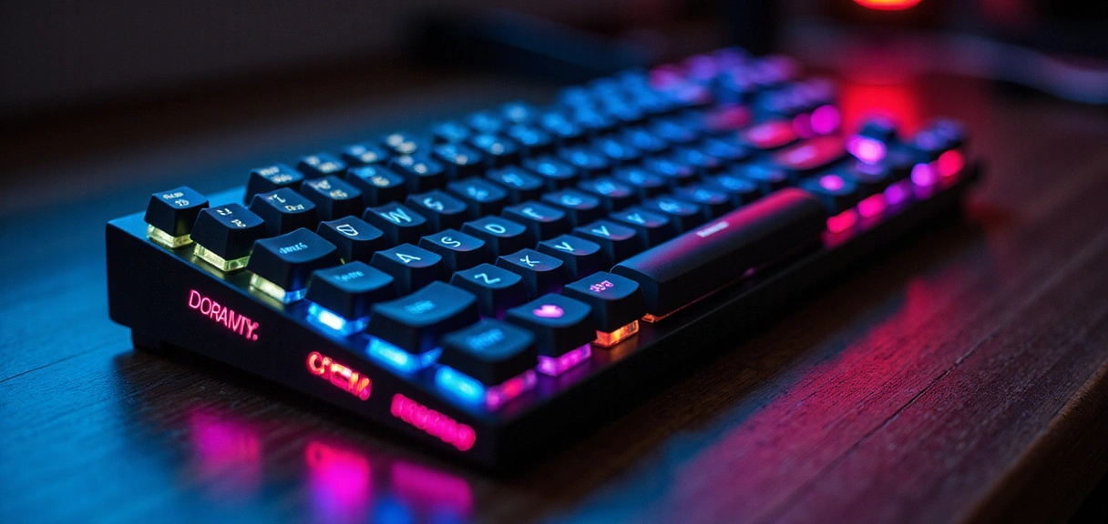 Close-up of a compact 60% mechanical keyboard with vibrant RGB lighting