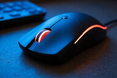 Close-up of a sleek gaming mouse, ergonomic design, illuminated scroll wheel