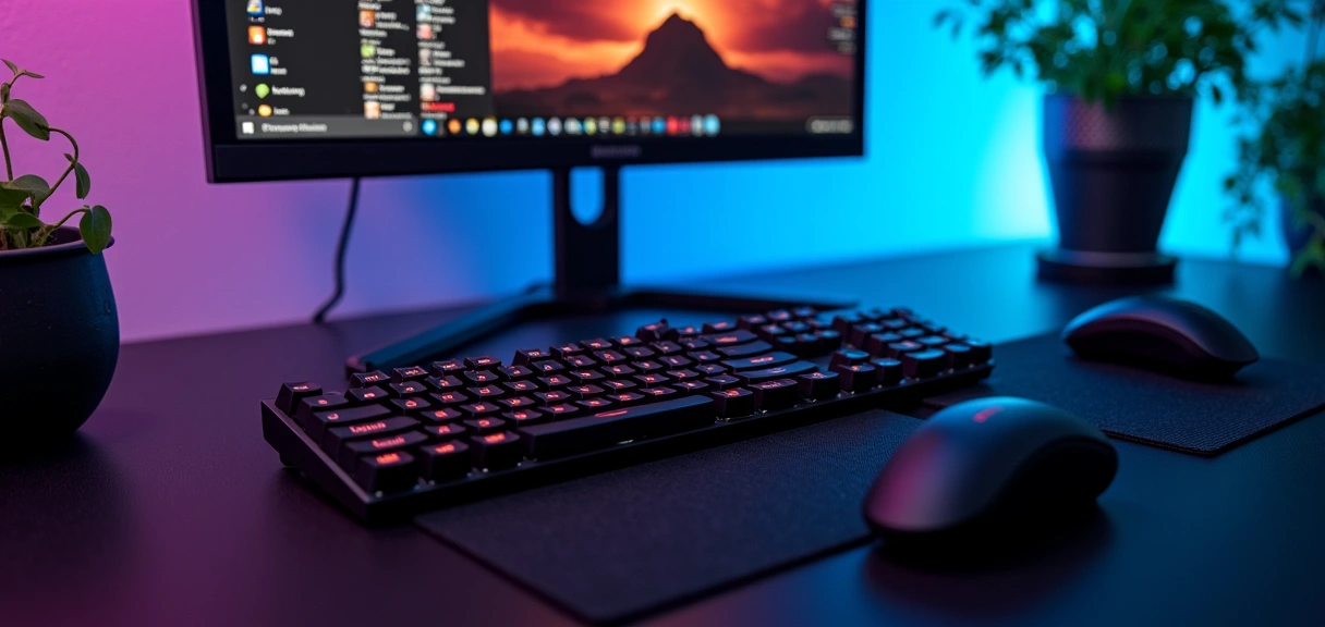 Modern gaming setup with high-end peripherals, dynamic lighting