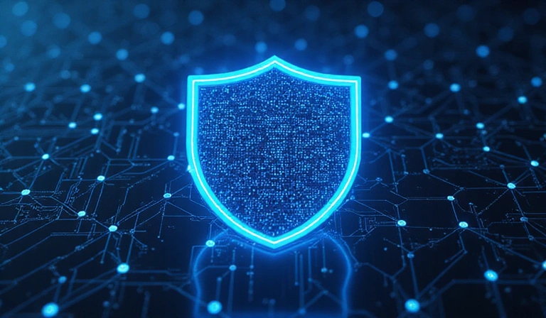 Cyber security illustration with a shield protecting data