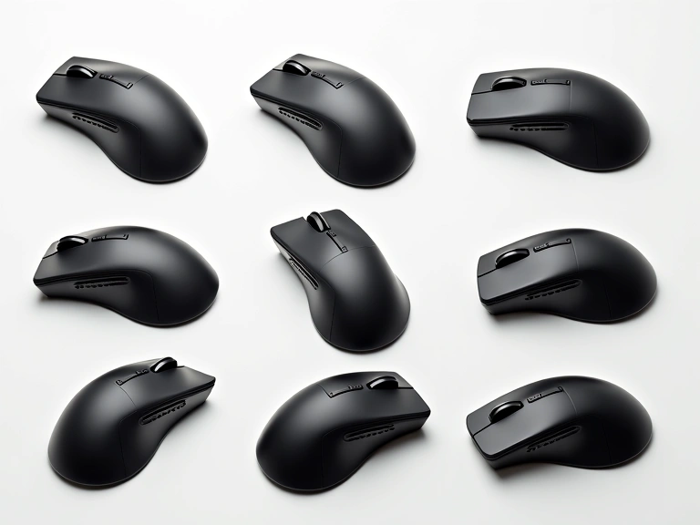 High-quality studio shot of ergonomic wireless gaming mouse, multiple angles, clean background, no text, no letters.